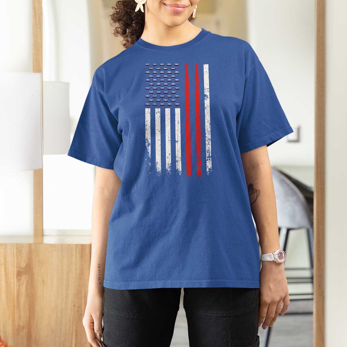 Patriotic Drummer T Shirt For Women Percussionist Gift Drumming Drumsticks American Flag