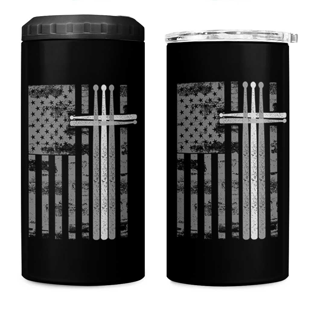 Christian Drummer 4 in 1 Can Cooler Tumbler American Flag Drumsticks Religious Faith Cross Patriotic