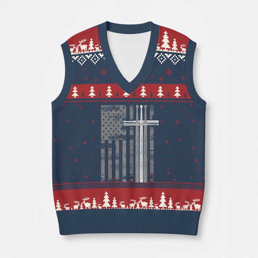 Christian Drummer V-Neck Knit Sweater Vest American Flag Drumsticks Religious Faith Cross Patriotic