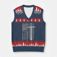 Christian Drummer V-Neck Knit Sweater Vest American Flag Drumsticks Religious Faith Cross Patriotic