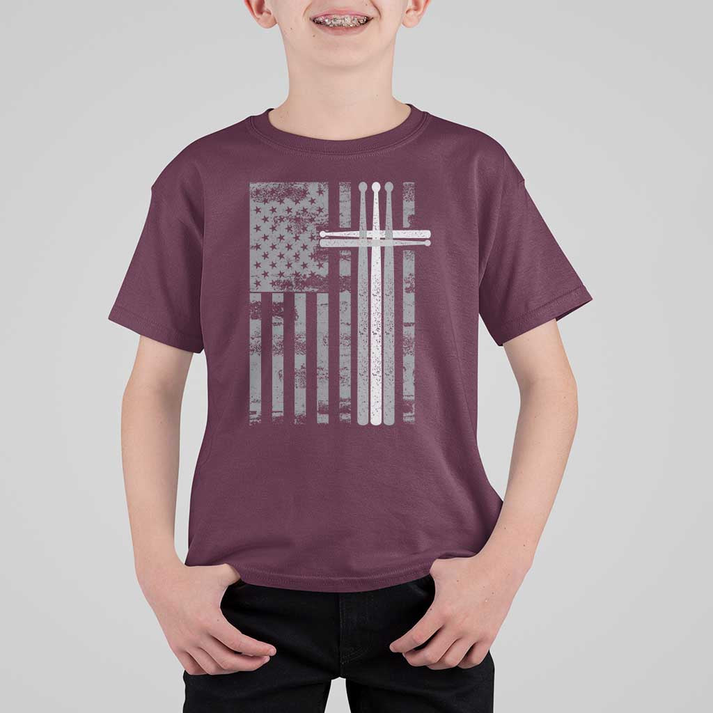 Christian Drummer T Shirt For Kid American Flag Drumsticks Religious Faith Cross Patriotic
