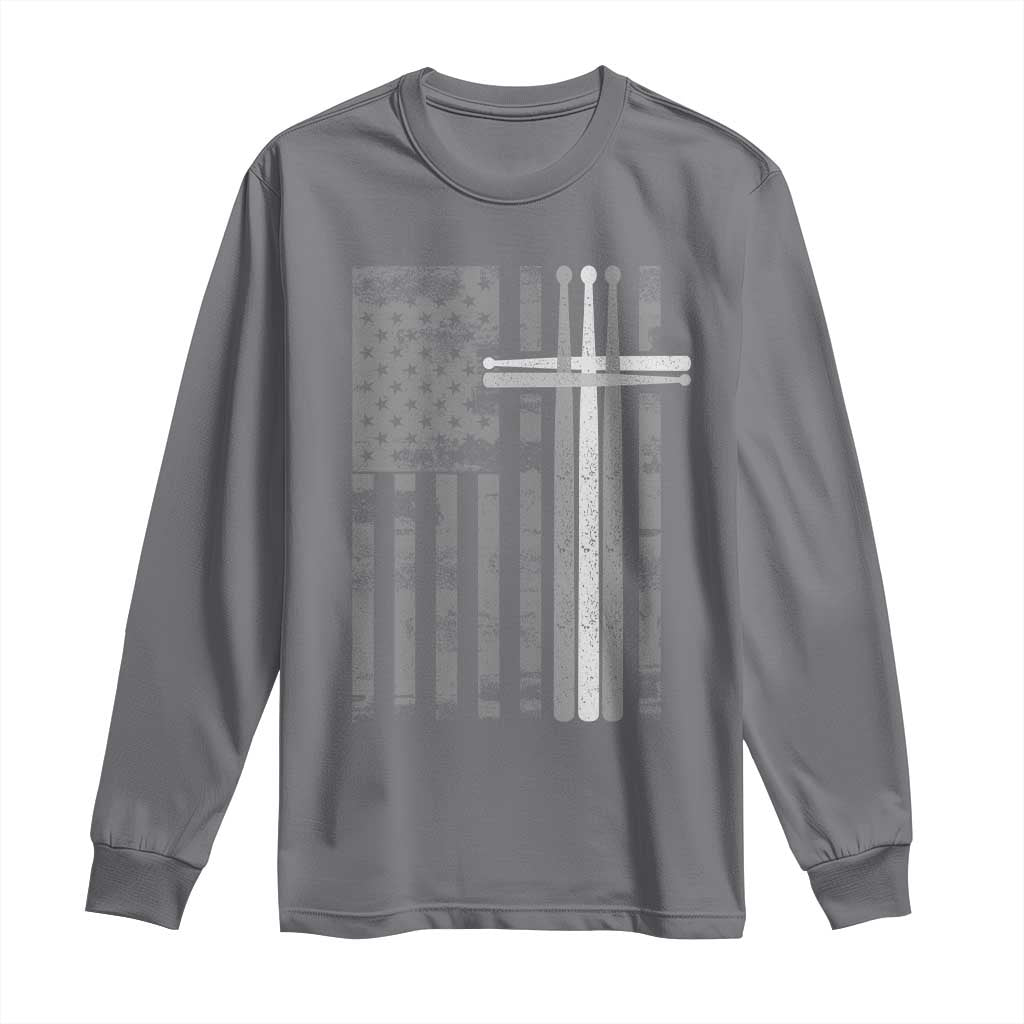 Christian Drummer Long Sleeve Shirt American Flag Drumsticks Religious Faith Cross Patriotic