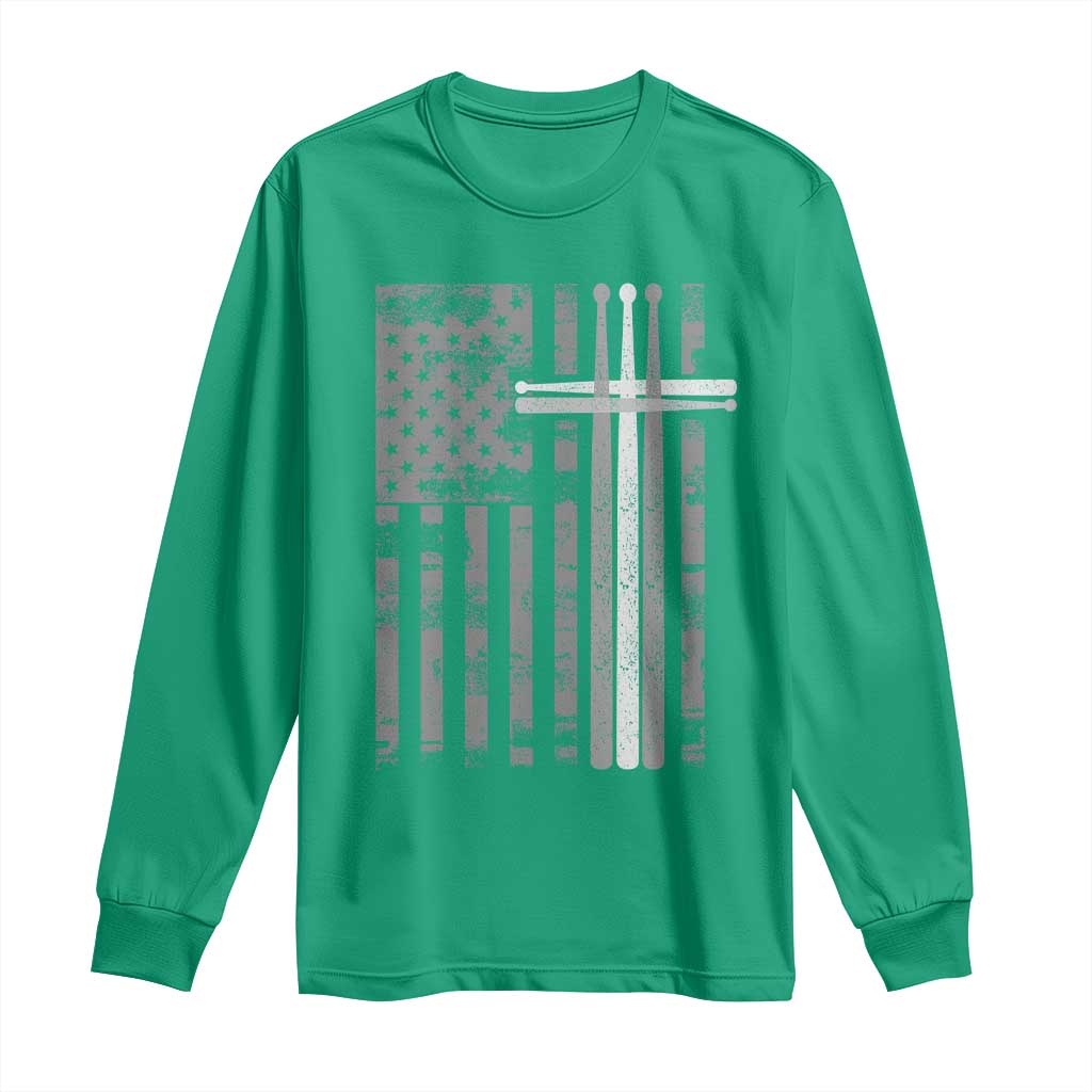 Christian Drummer Long Sleeve Shirt American Flag Drumsticks Religious Faith Cross Patriotic