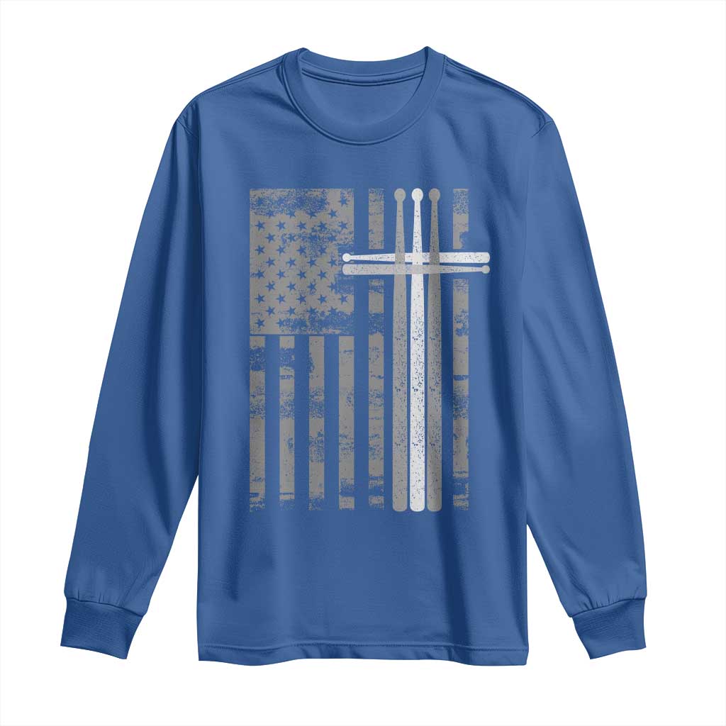 Christian Drummer Long Sleeve Shirt American Flag Drumsticks Religious Faith Cross Patriotic