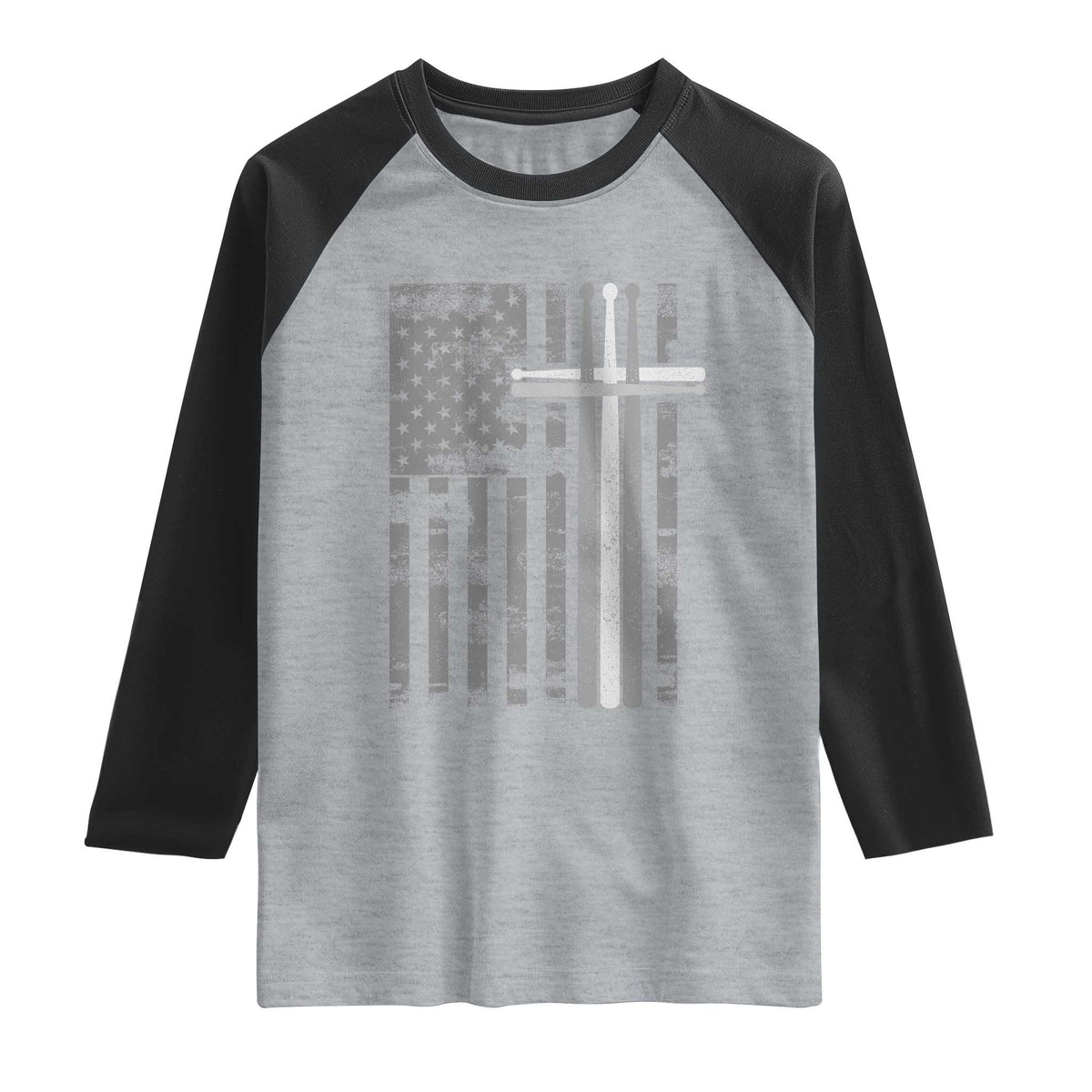 Christian Drummer Raglan Shirt American Flag Drumsticks Religious Faith Cross Patriotic
