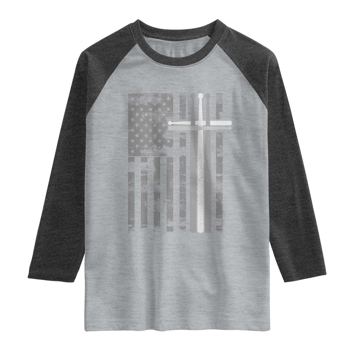 Christian Drummer Raglan Shirt American Flag Drumsticks Religious Faith Cross Patriotic