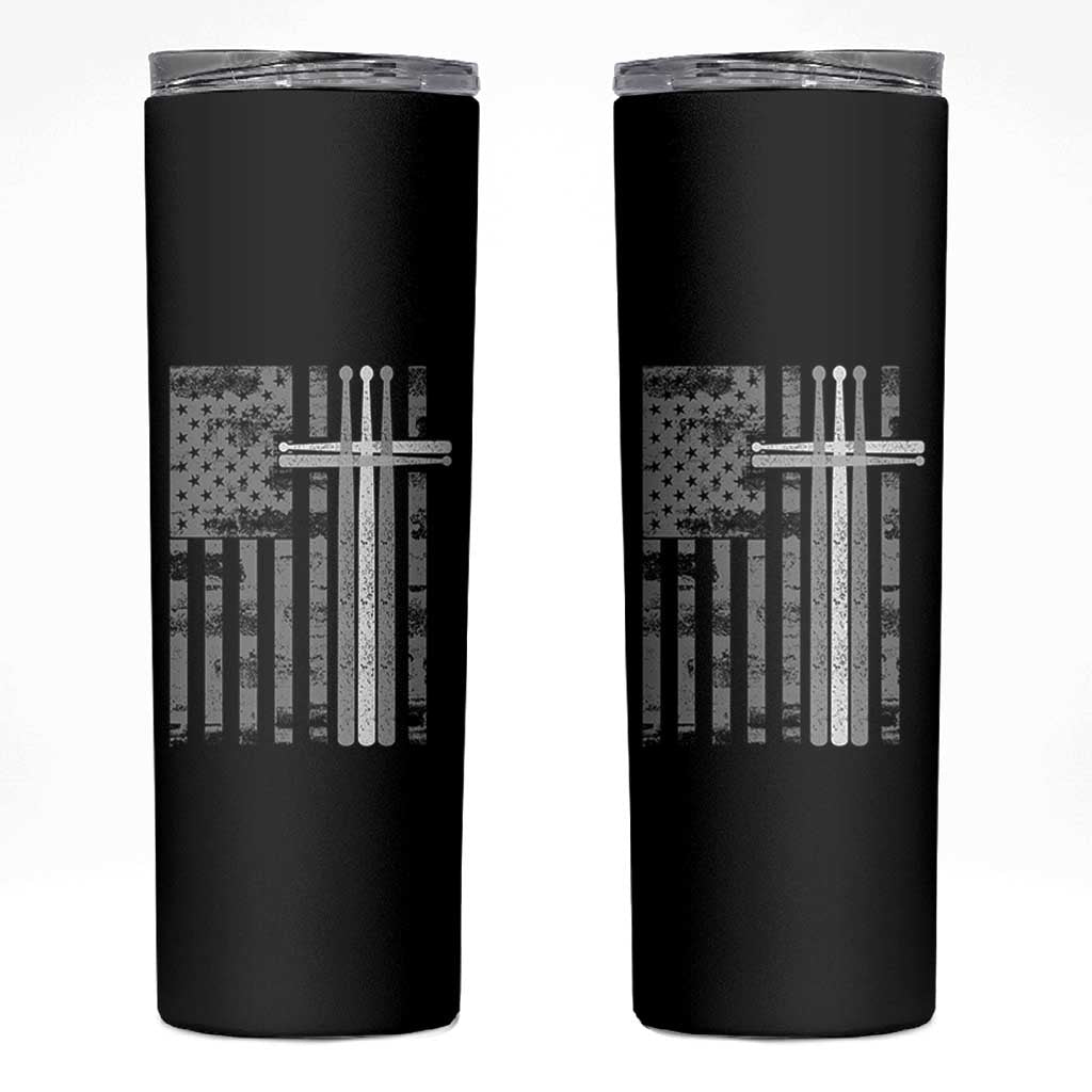Christian Drummer Skinny Tumbler American Flag Drumsticks Religious Faith Cross Patriotic