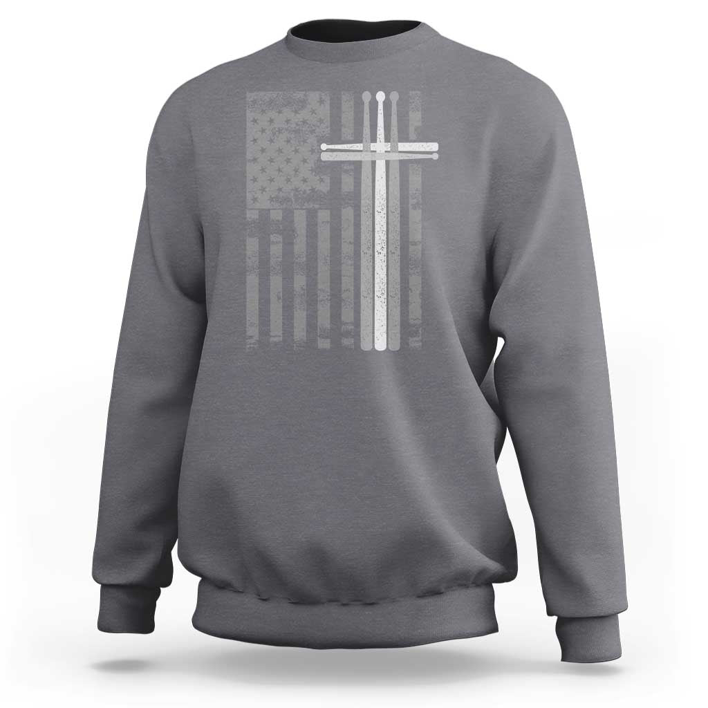 Christian Drummer Sweatshirt American Flag Drumsticks Religious Faith Cross Patriotic