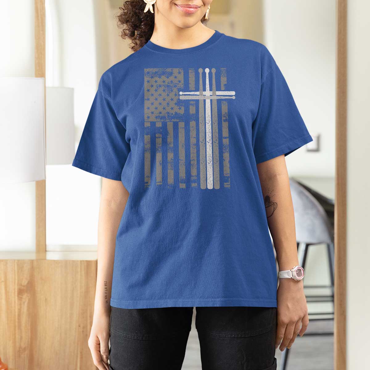Christian Drummer T Shirt For Women American Flag Drumsticks Religious Faith Cross Patriotic
