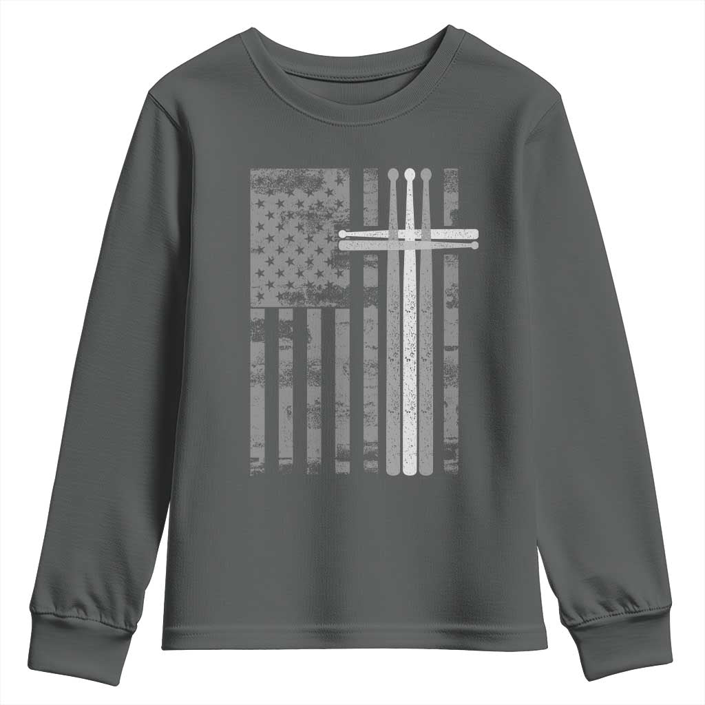 Christian Drummer Youth Sweatshirt American Flag Drumsticks Religious Faith Cross Patriotic