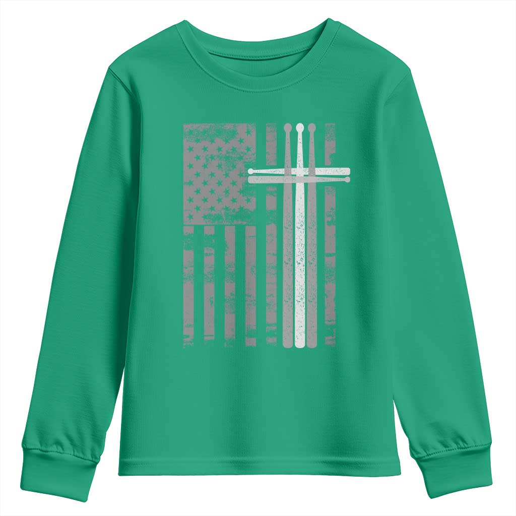 Christian Drummer Youth Sweatshirt American Flag Drumsticks Religious Faith Cross Patriotic
