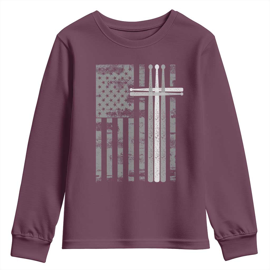 Christian Drummer Youth Sweatshirt American Flag Drumsticks Religious Faith Cross Patriotic