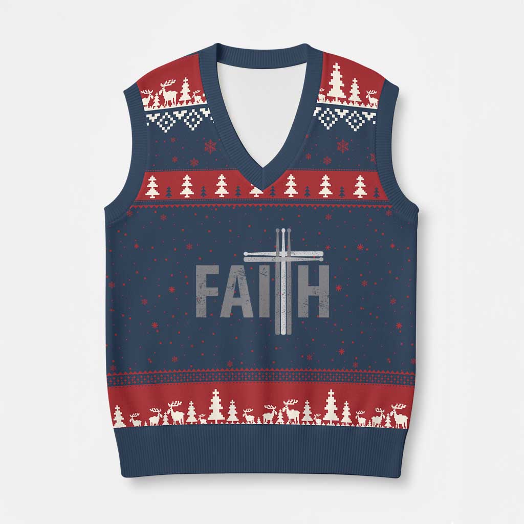 Christian Drummer V-Neck Knit Sweater Vest Faith Drum Stick Cross