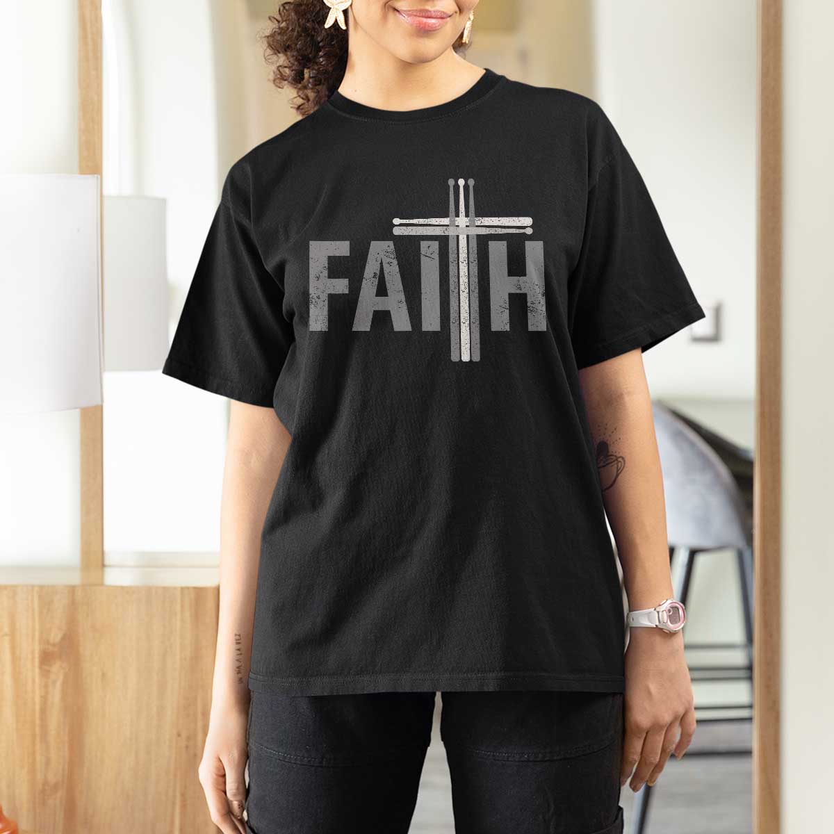 Christian Drummer T Shirt For Women Faith Drum Stick Cross