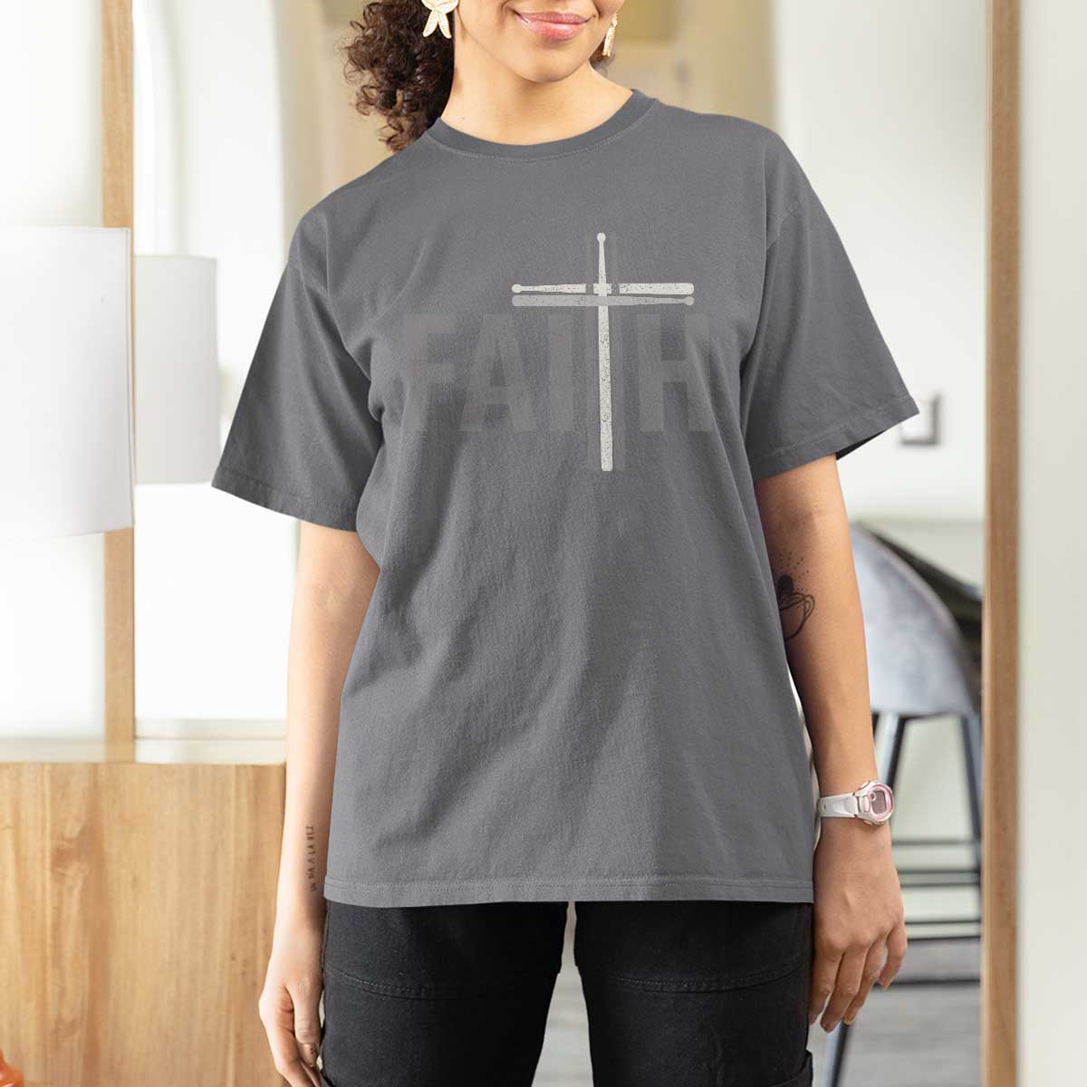 Christian Drummer T Shirt For Women Faith Drum Stick Cross