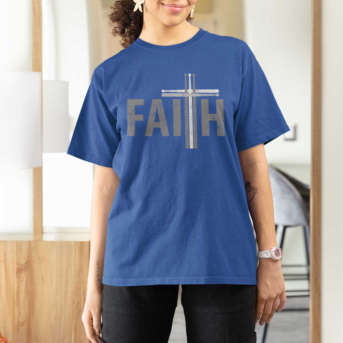Christian Drummer T Shirt For Women Faith Drum Stick Cross