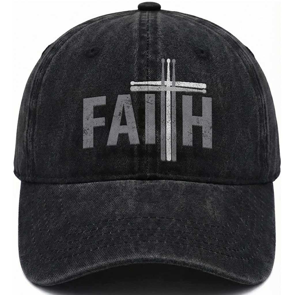 Christian Drummer Washed Cotton Baseball Cap Faith Drum Stick Cross