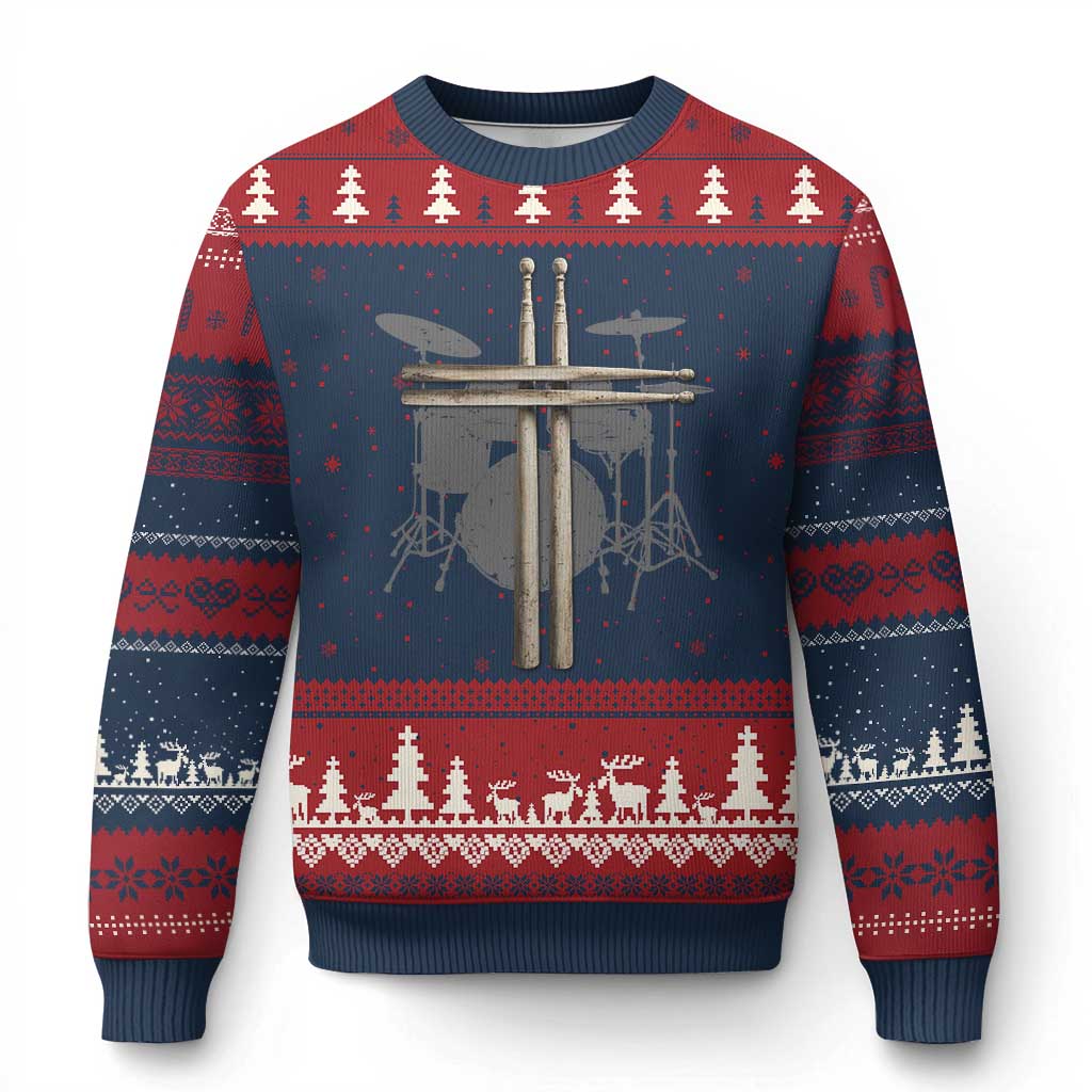 Christian Drummer Ugly Christmas Sweater Drum Sticks Cross Percussionist Jesus Church