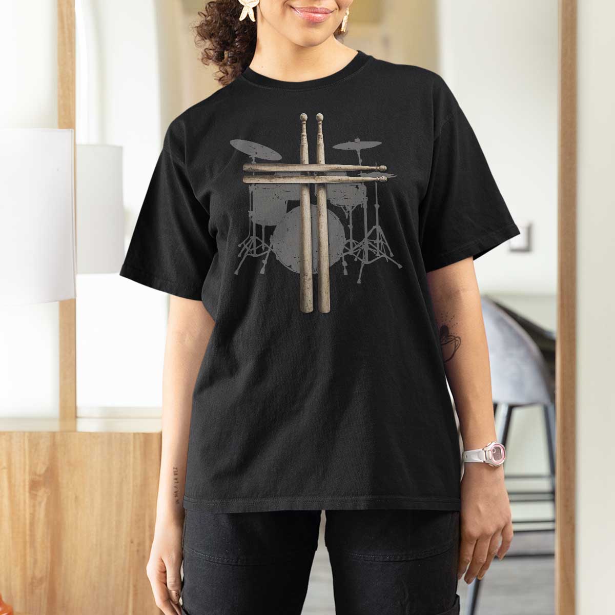 Christian Drummer T Shirt For Women Drum Sticks Cross Percussionist Jesus Church