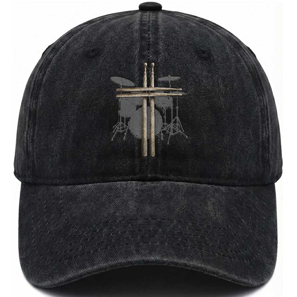 Christian Drummer Washed Cotton Baseball Cap Drum Sticks Cross Percussionist Jesus Church