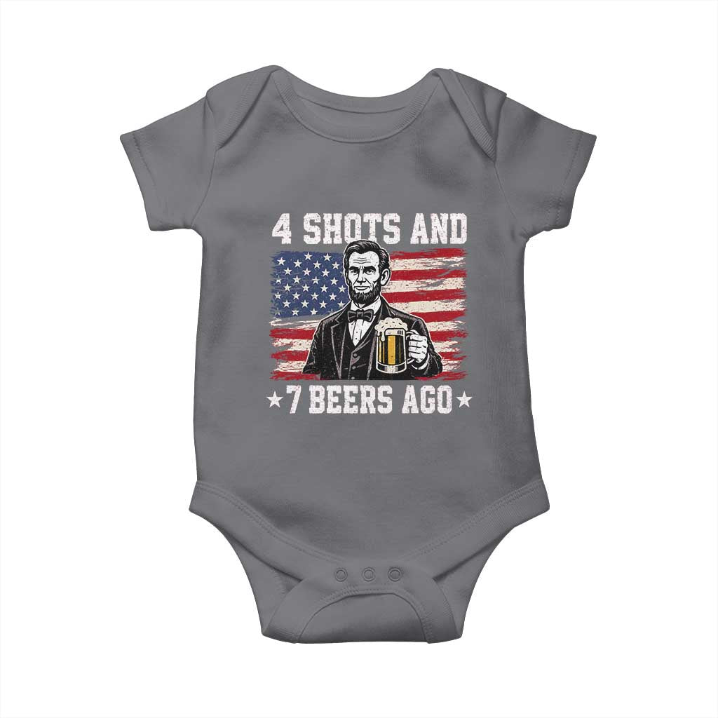 Funny 4th of July Abraham Lincoln Drinking Beer Baby Onesie 4 Shots and 7 Beers Ago Patriotic Independence Day Meme