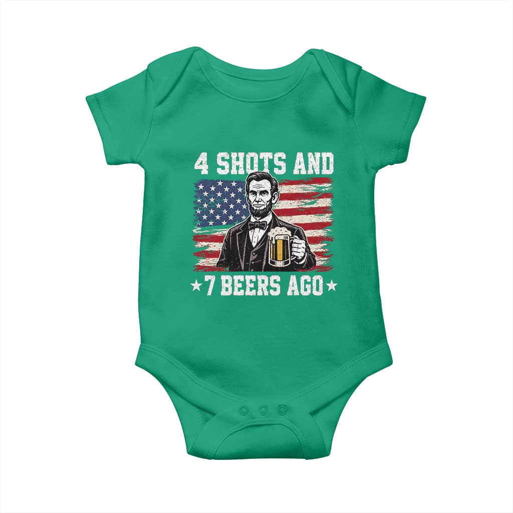 Funny 4th of July Abraham Lincoln Drinking Beer Baby Onesie 4 Shots and 7 Beers Ago Patriotic Independence Day Meme