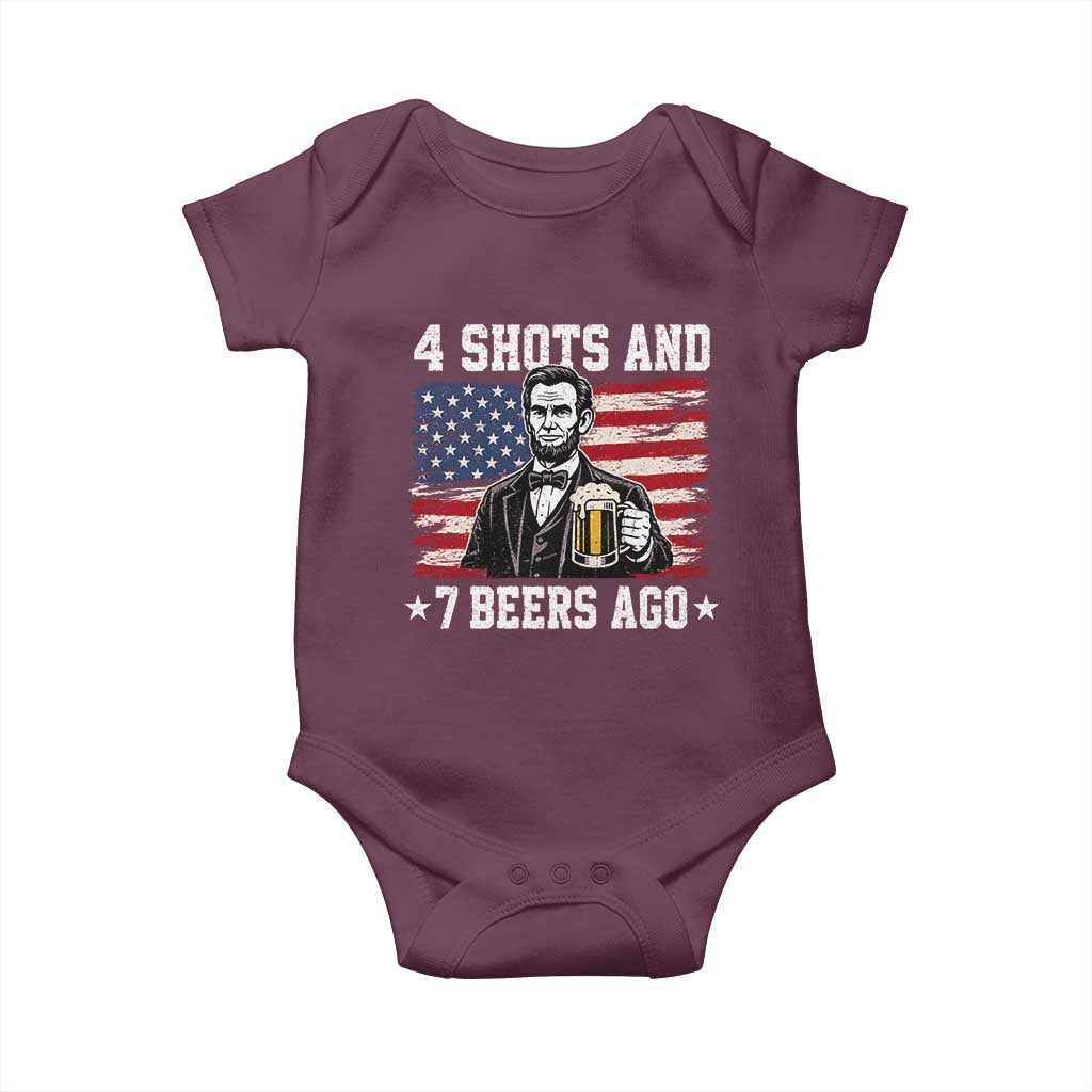 Funny 4th of July Abraham Lincoln Drinking Beer Baby Onesie 4 Shots and 7 Beers Ago Patriotic Independence Day Meme