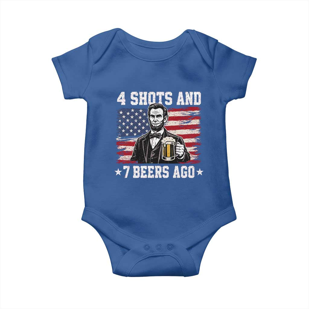 Funny 4th of July Abraham Lincoln Drinking Beer Baby Onesie 4 Shots and 7 Beers Ago Patriotic Independence Day Meme