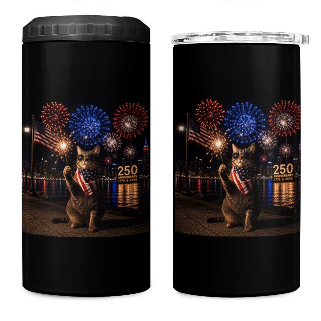 USA 250th Anniversary Cat 4 in 1 Can Cooler Tumbler Funny 4th Of July Independence Day 250 Years 1776 2026 Patriotic Celebration Meme