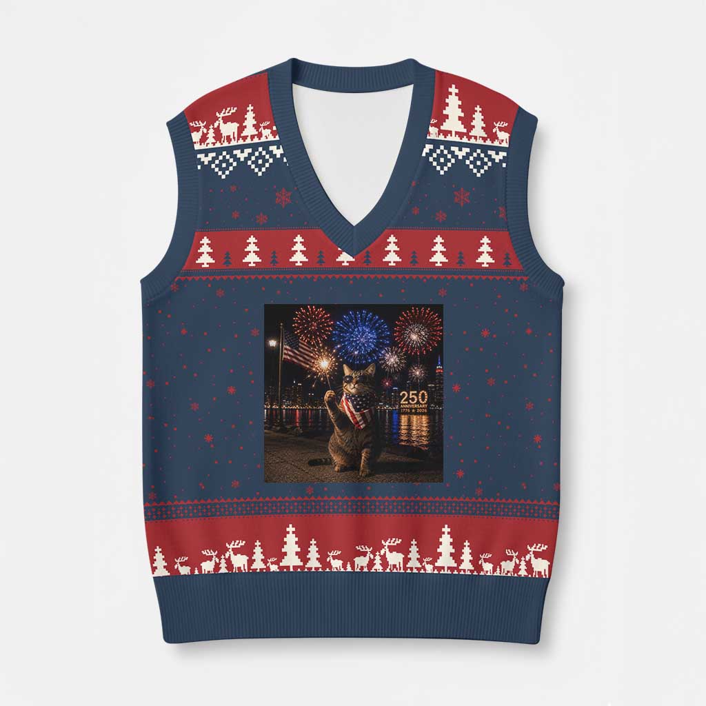 USA 250th Anniversary Cat V-Neck Knit Sweater Vest Funny 4th Of July Independence Day 250 Years 1776 2026 Patriotic Celebration Meme