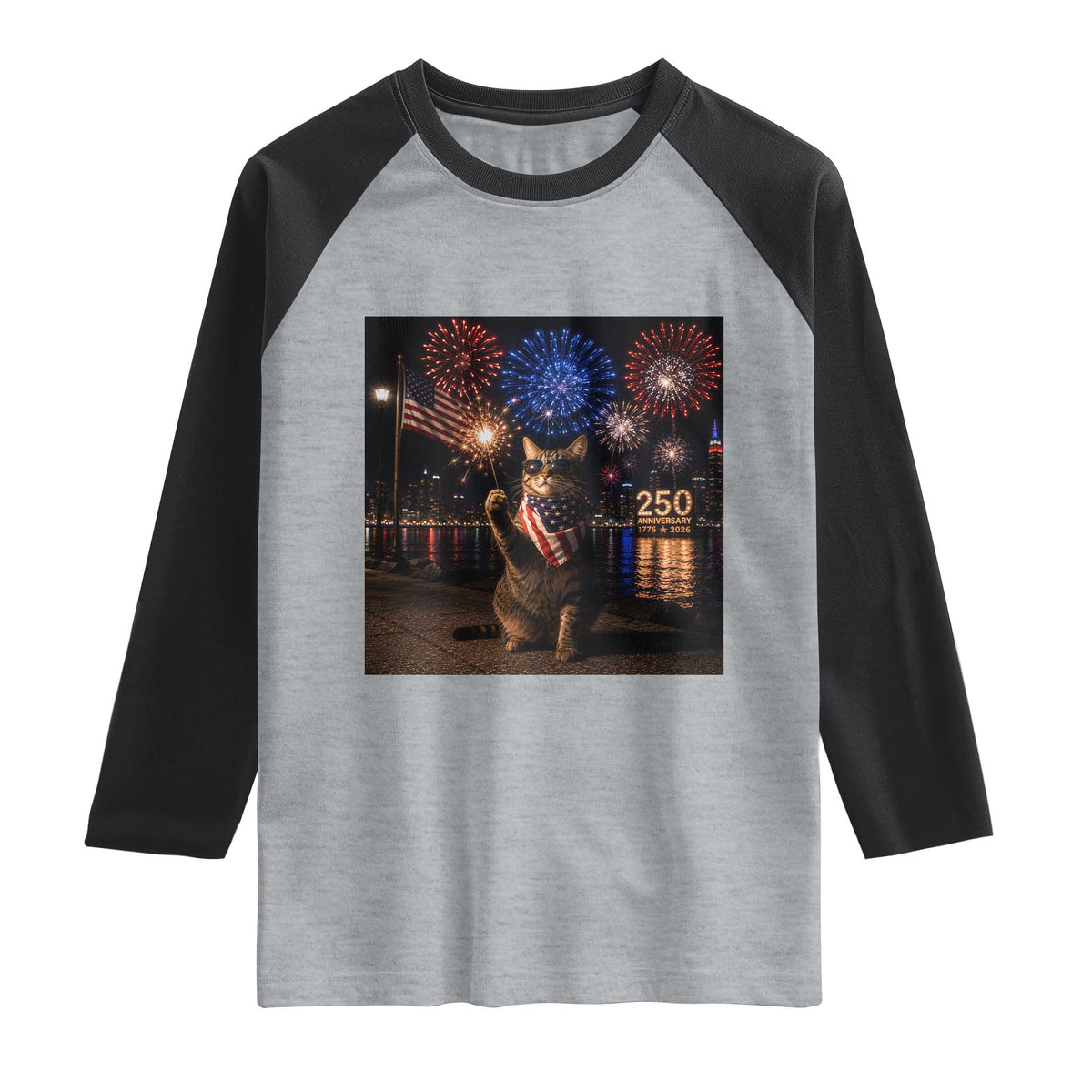 USA 250th Anniversary Cat Raglan Shirt Funny 4th Of July Independence Day 250 Years 1776 2026 Patriotic Celebration Meme