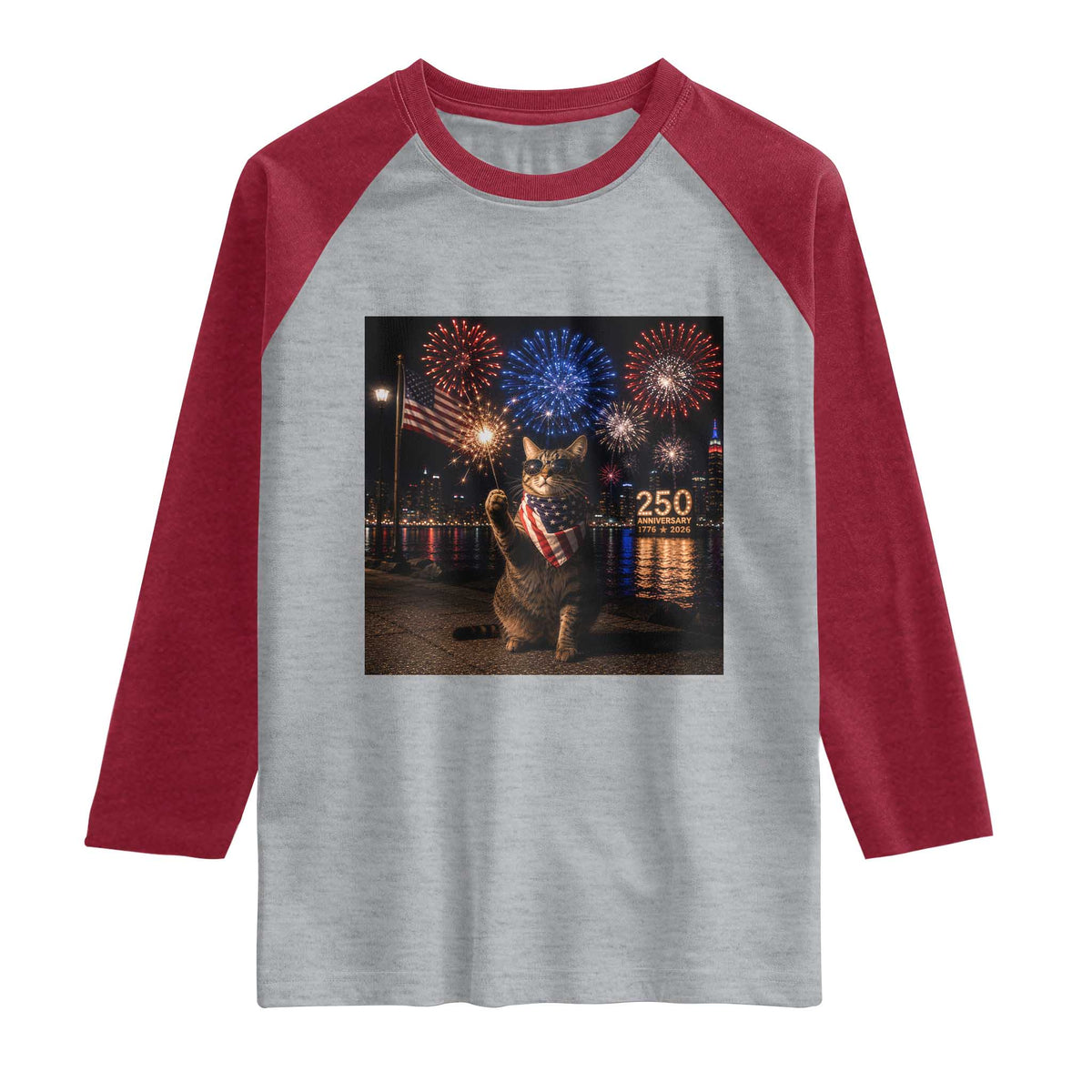 USA 250th Anniversary Cat Raglan Shirt Funny 4th Of July Independence Day 250 Years 1776 2026 Patriotic Celebration Meme