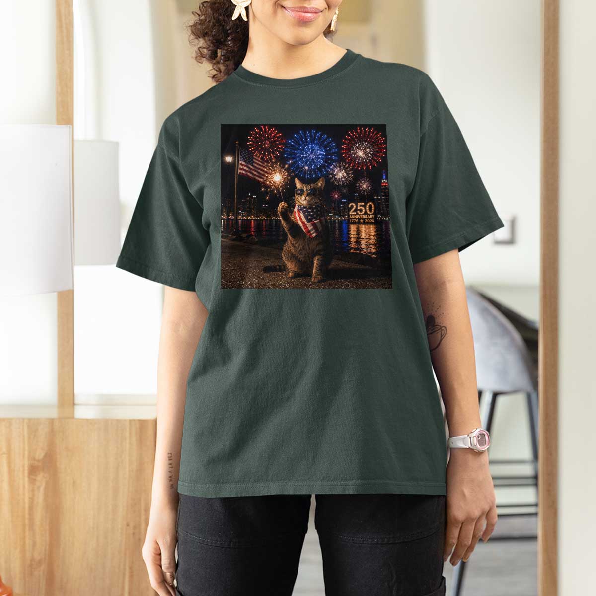 USA 250th Anniversary Cat T Shirt For Women Funny 4th Of July Independence Day 250 Years 1776 2026 Patriotic Celebration Meme