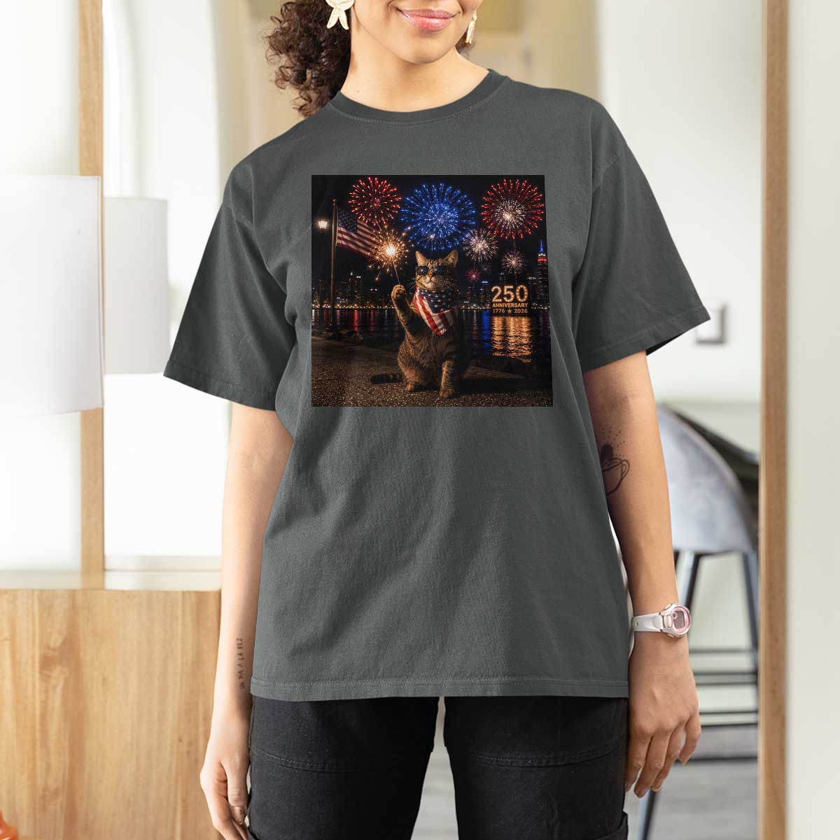 USA 250th Anniversary Cat T Shirt For Women Funny 4th Of July Independence Day 250 Years 1776 2026 Patriotic Celebration Meme