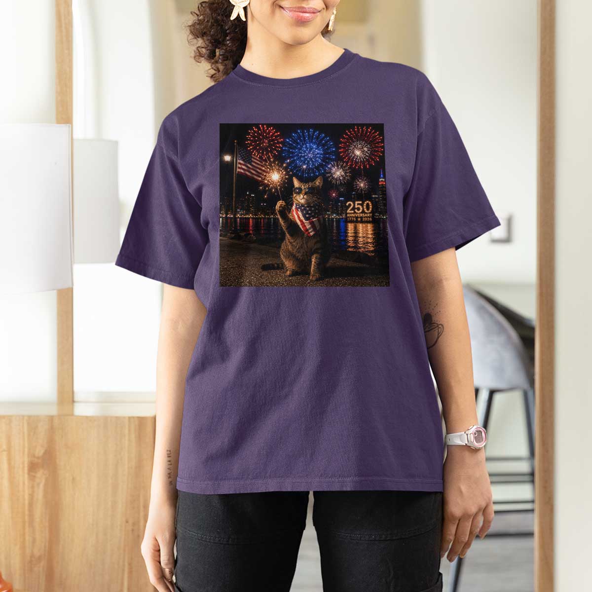 USA 250th Anniversary Cat T Shirt For Women Funny 4th Of July Independence Day 250 Years 1776 2026 Patriotic Celebration Meme