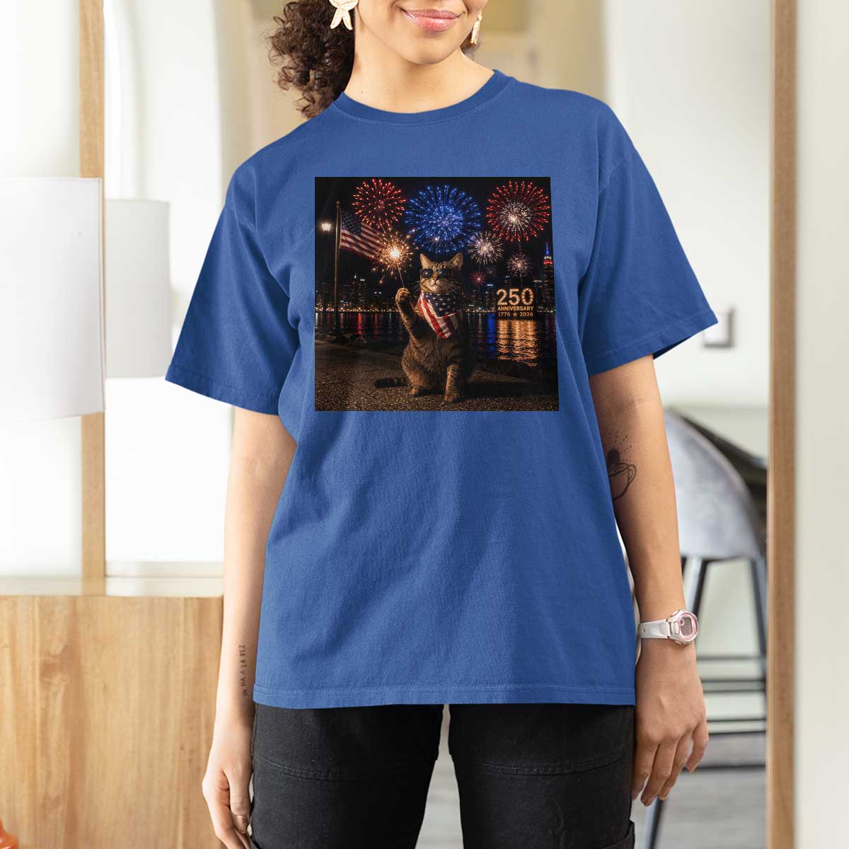 USA 250th Anniversary Cat T Shirt For Women Funny 4th Of July Independence Day 250 Years 1776 2026 Patriotic Celebration Meme
