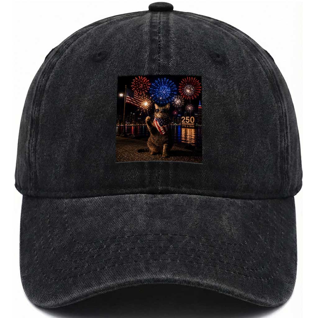 USA 250th Anniversary Cat Washed Cotton Baseball Cap Funny 4th Of July Independence Day 250 Years 1776 2026 Patriotic Celebration Meme
