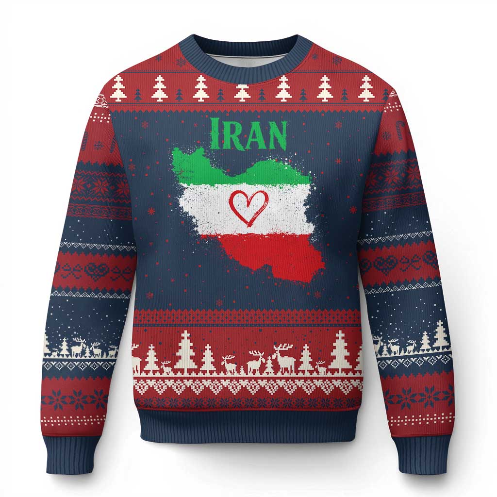 Iran Heart Map Flag Ugly Christmas Sweater Retro Vintage Watercolors Freedom Iranian Persian