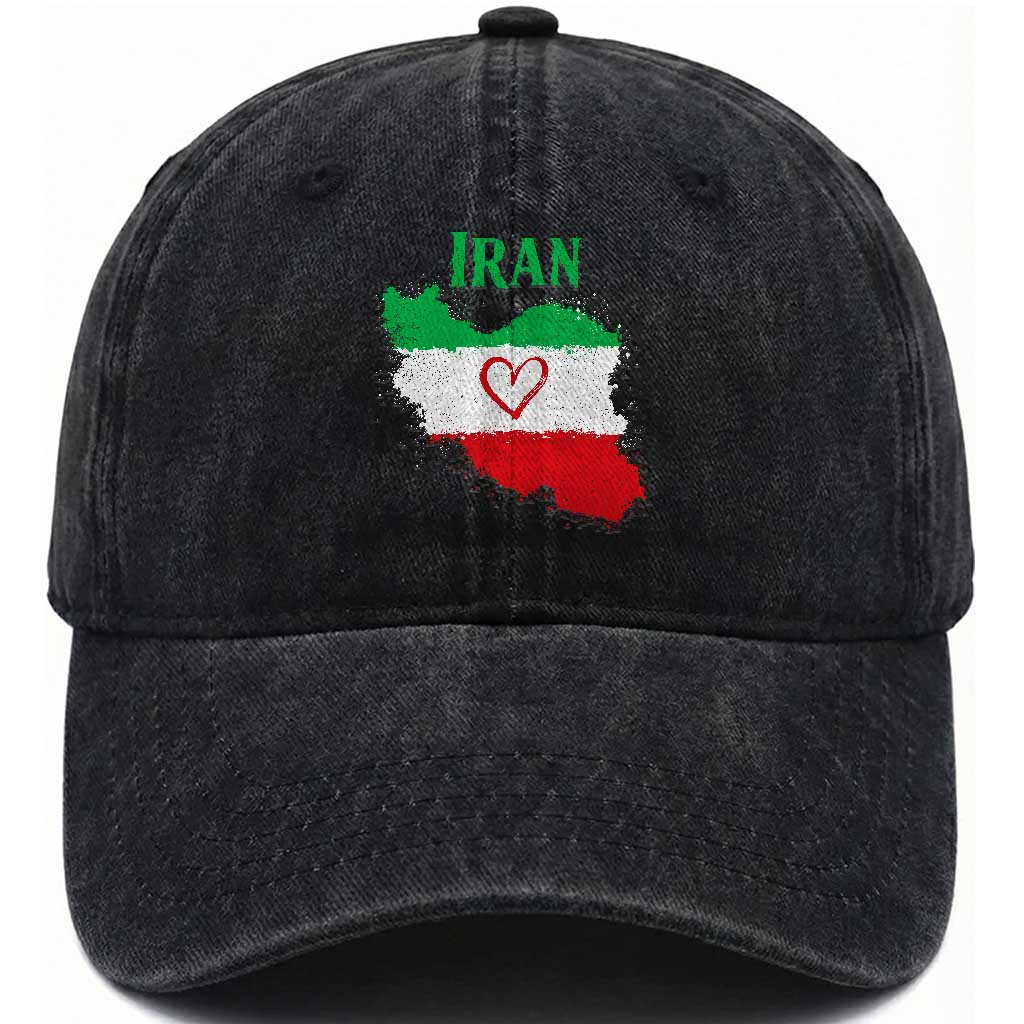 Iran Heart Map Flag Washed Cotton Baseball Cap Retro Vintage Watercolors Freedom Iranian Persian