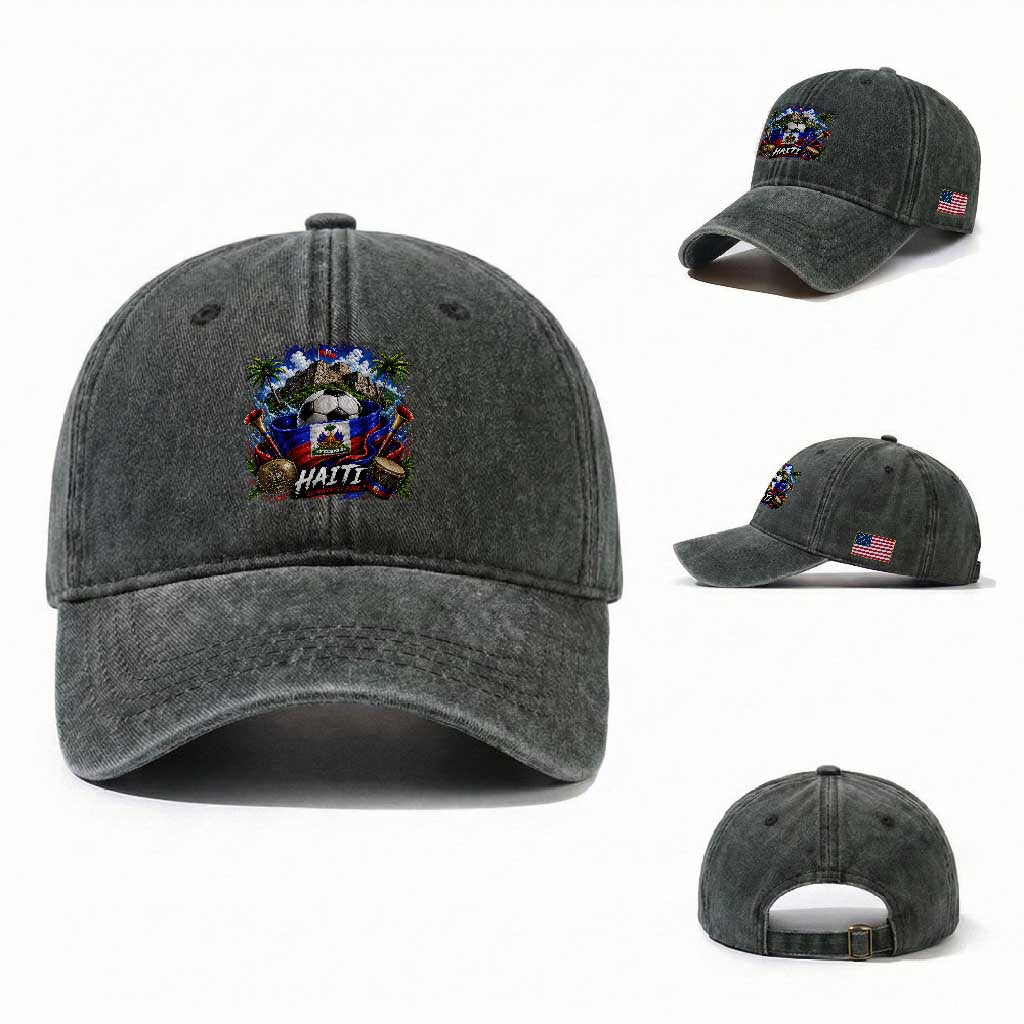 Haiti Soccer 2026 Washed Cotton Baseball Cap Haitian Flag Caribbean Football Fan