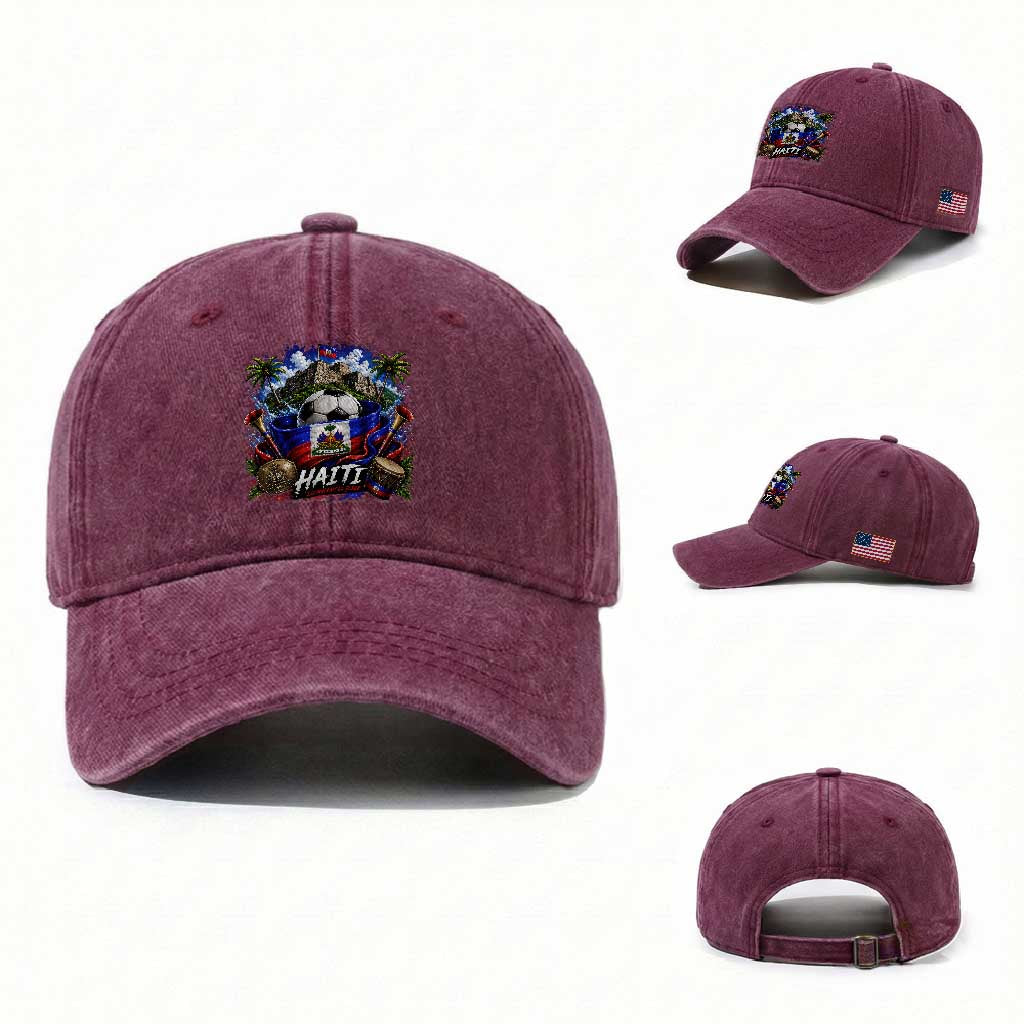 Haiti Soccer 2026 Washed Cotton Baseball Cap Haitian Flag Caribbean Football Fan