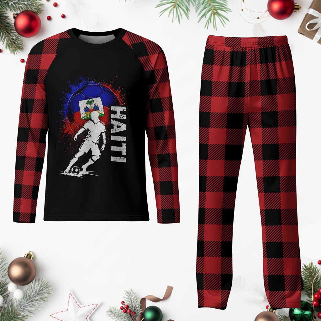 Haiti Soccer Plaid Pajama Set Retro Vintage Watercolors Sport Haitian Flag Football Fan