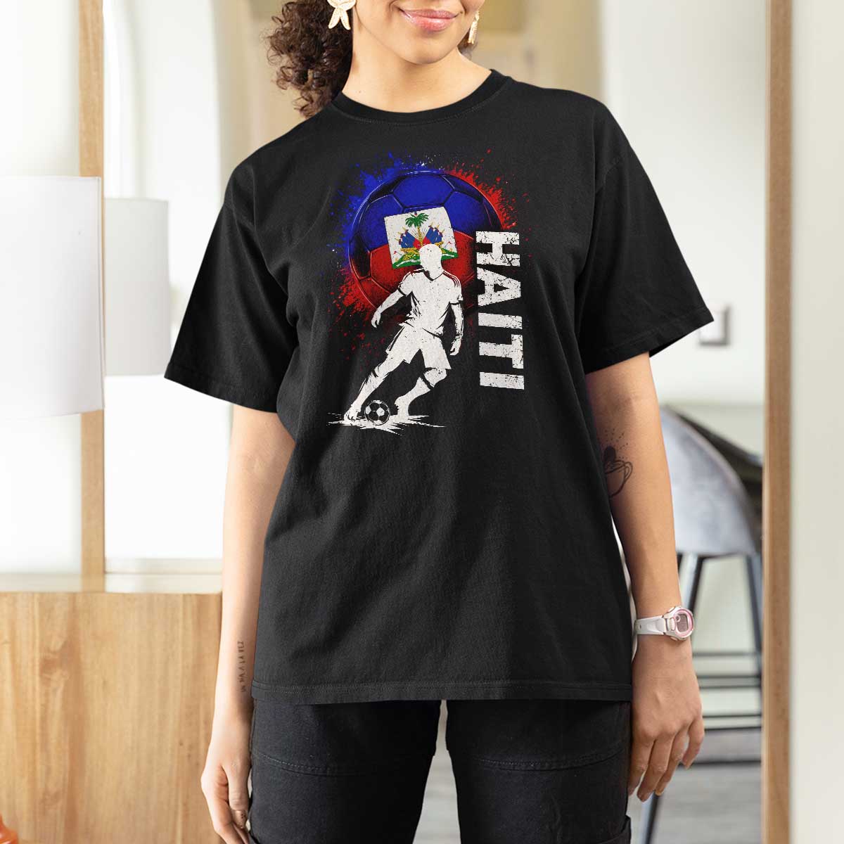 Haiti Soccer T Shirt For Women Retro Vintage Watercolors Sport Haitian Flag Football Fan