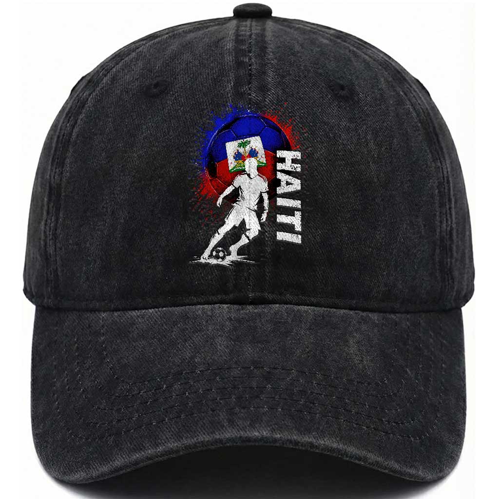 Haiti Soccer Washed Cotton Baseball Cap Retro Vintage Watercolors Sport Haitian Flag Football Fan