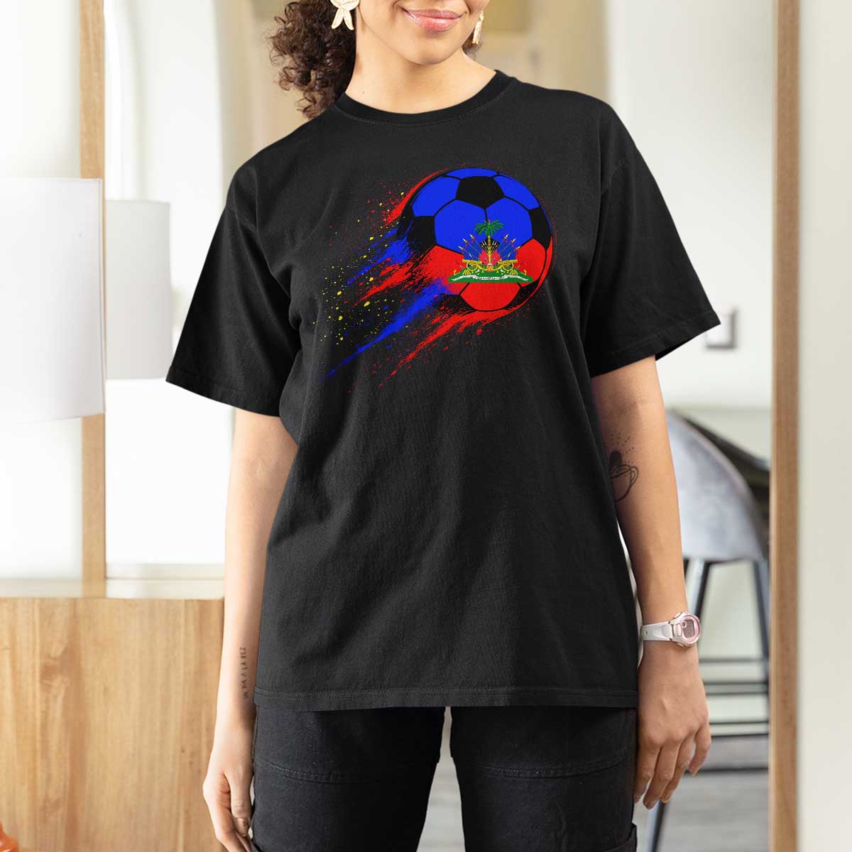 Haiti Soccer Ball T Shirt For Women Retro Vintage Watercolors Sport Haitian Flag Ayiti Pride