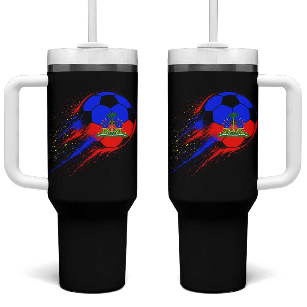 Haiti Soccer Ball Tumbler With Handle Retro Vintage Watercolors Sport Haitian Flag Ayiti Pride