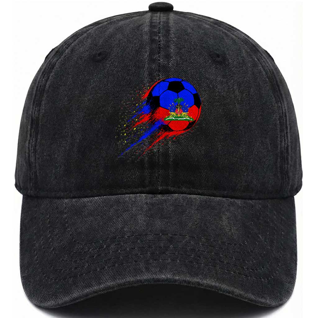 Haiti Soccer Ball Washed Cotton Baseball Cap Retro Vintage Watercolors Sport Haitian Flag Ayiti Pride