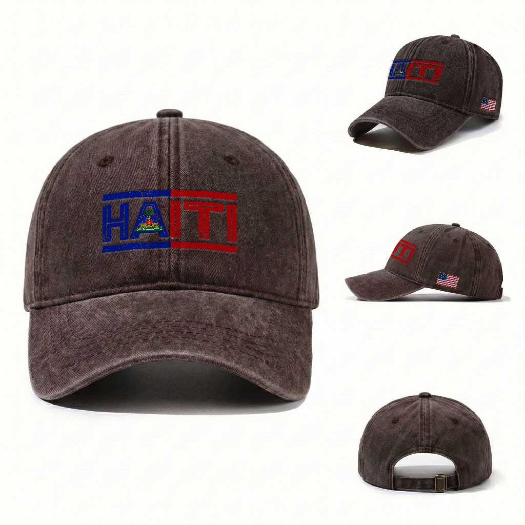 Haiti Flag Washed Cotton Baseball Cap Vintage Haitian Pride Ayiti Roots