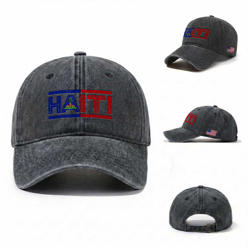 Haiti Flag Washed Cotton Baseball Cap Vintage Haitian Pride Ayiti Roots