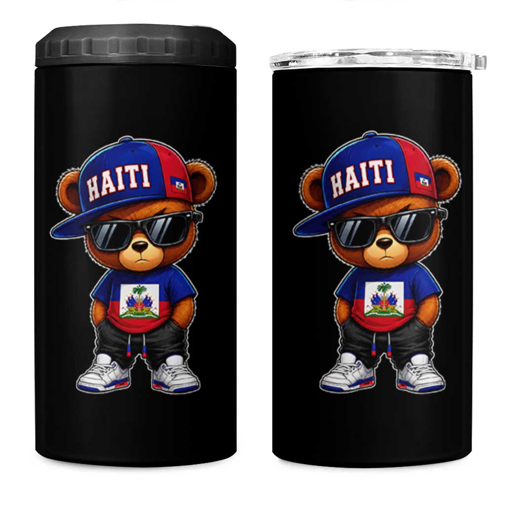 Cute Haiti 4 in 1 Can Cooler Tumbler Hip Hop Teddy Bear Haitian Flag Ayiti Roots